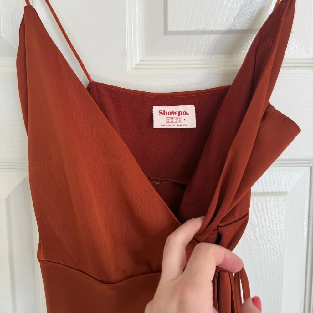ShowPo. Terra Cotta Elegant Rust Satin Maxi Dress Size 6 Made in Australia - Picture 5 of 7
